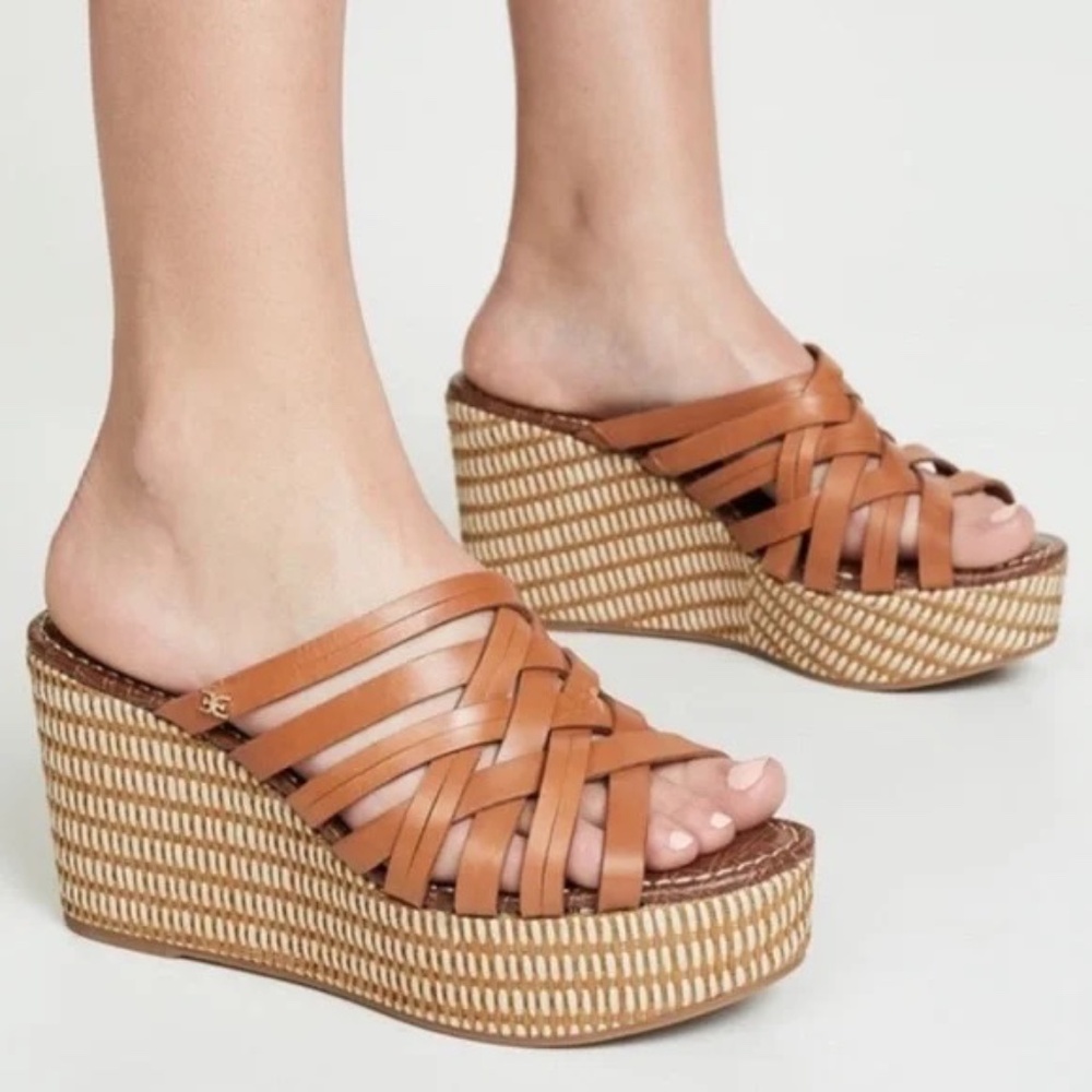 Sam Edelman Devon Tan Leather Wedge Sandals with Braided Texture